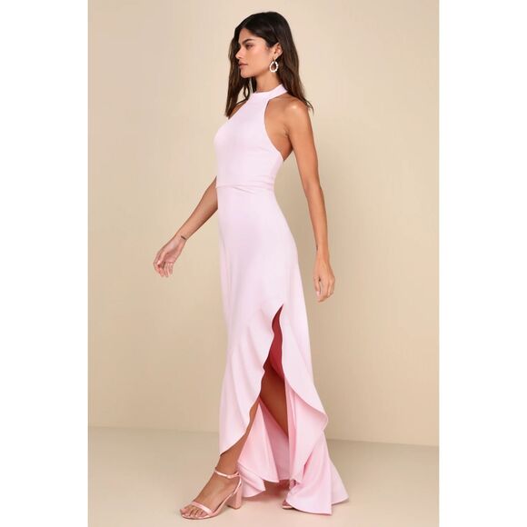Lulus Majestic Perfection Light Pink Ruffled Halter Maxi Dress Size M NWT - Picture 4 of 9